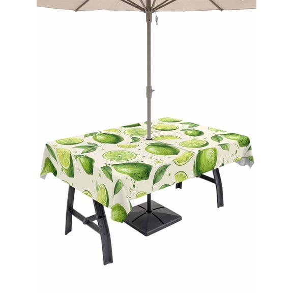 Outdoor Tablecloth with Umbrella Hole for Patio/Picnic/Party/Camping, Green Lemons Waterproof Table Cloth Rectangle Table Cover Washable, Summer Tropical Leaves Beige (52"x 70")
