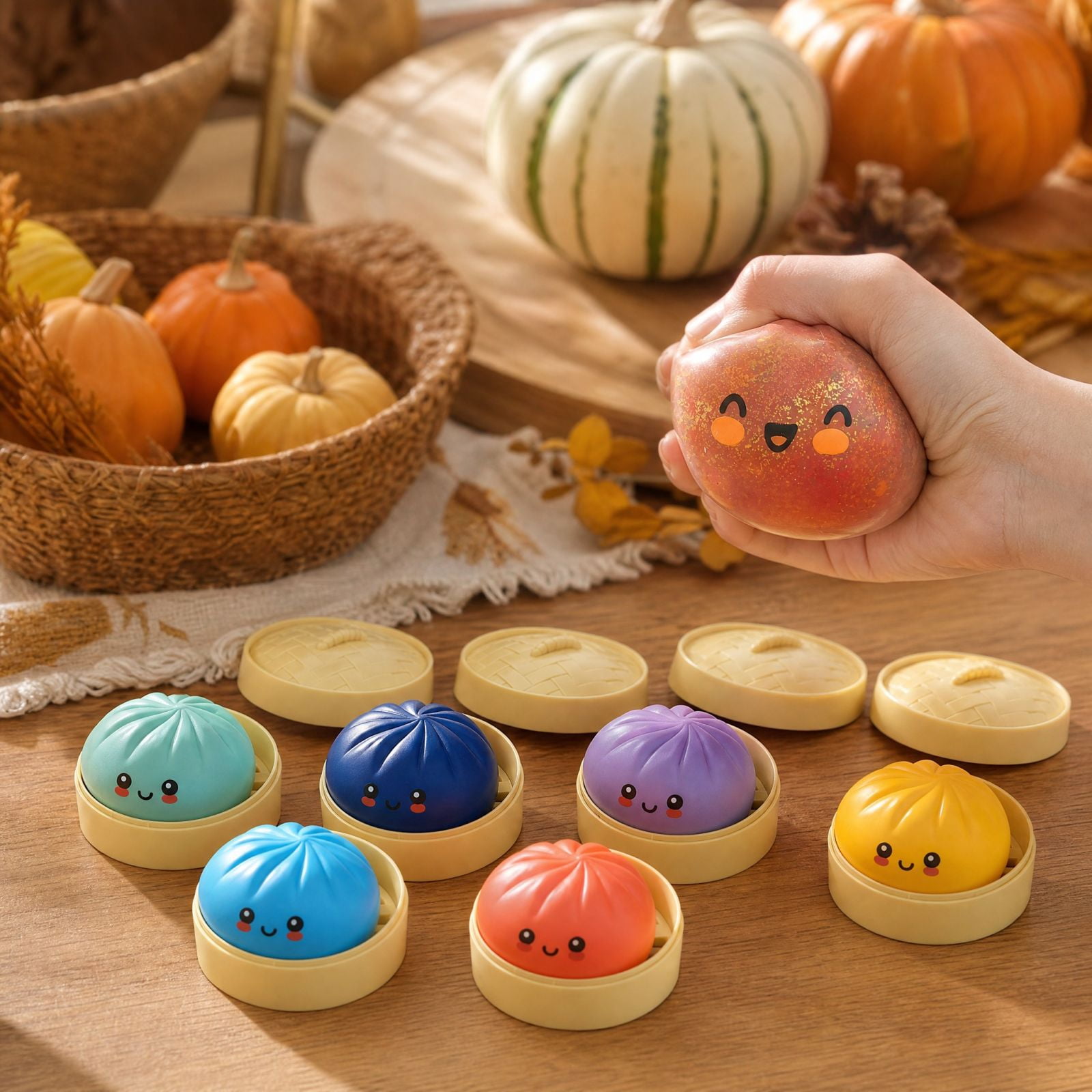 Pumpkin Scented Fall Mystery Dumplings Squishy Toy,Autumn Maple Pumpkin Spice Scented Stress Relief Squeeze Toy Set with Mini Steamer Basket