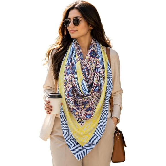 Women’s Printed Cotton bandanas, White & Blue Floral Geometric Wrap, Head Scarf, Hair Scarf & Neck Bandana