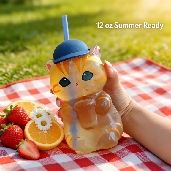 Clear Kawaii Cat Cup with Straw Cute Orange Tabby Tumbler for Water Iced Coffee Boba Tea