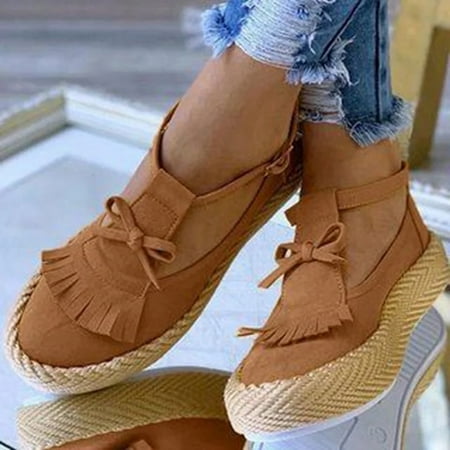 

HIBRO Womens Bowknot Tassel Round Toe Flat Pumps Thick Bottom Buckle Casual Shoes