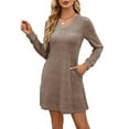 thumbnail image 2 of Women'S Knit Long Sleeve Sweater Dress Casual V Neck Tunic Dresses Fall Trendy Outfits Khaki S, 2 of 7
