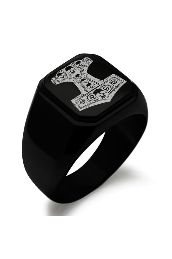 Stainless Steel Mjolnir Thor's Black Skull Hammer Engraved Square Flat Top Biker Style Polished Signet Ring
