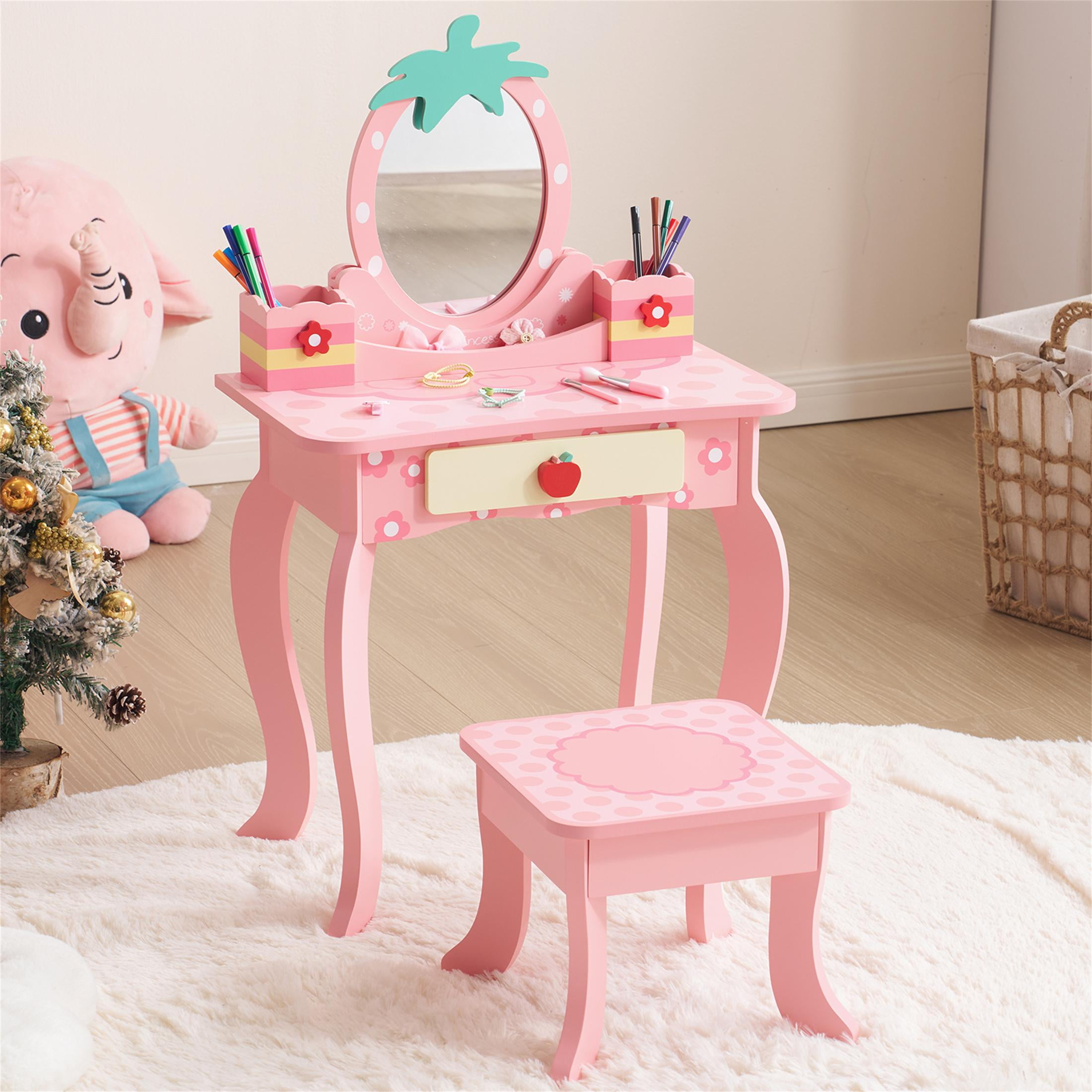 SESSLIFE Kids Vanity Set with Mirror and Drawers, Wooden Princess Makeup Desk Set, Toddler Dressing Table Set, Pretend Play Kids Vanity Table and Chair Set for Little Girls aged 3+, White