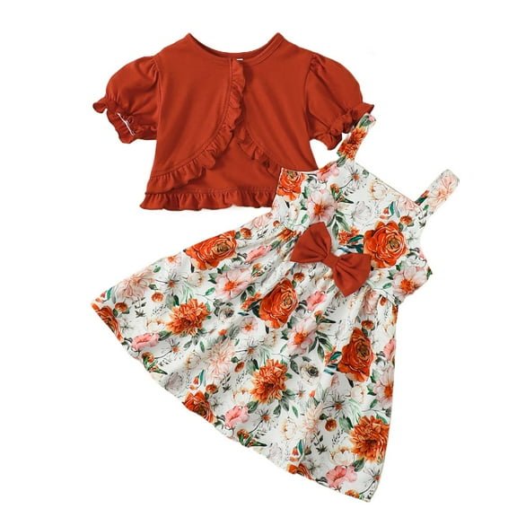 Kucnuzki Toddler Baby Girl Clothes 5T Spring Summer Dress 6T Classic Flower Prints Ruffles Slip Dress Short Sleeve Cardigan 2PCS Set Orange
