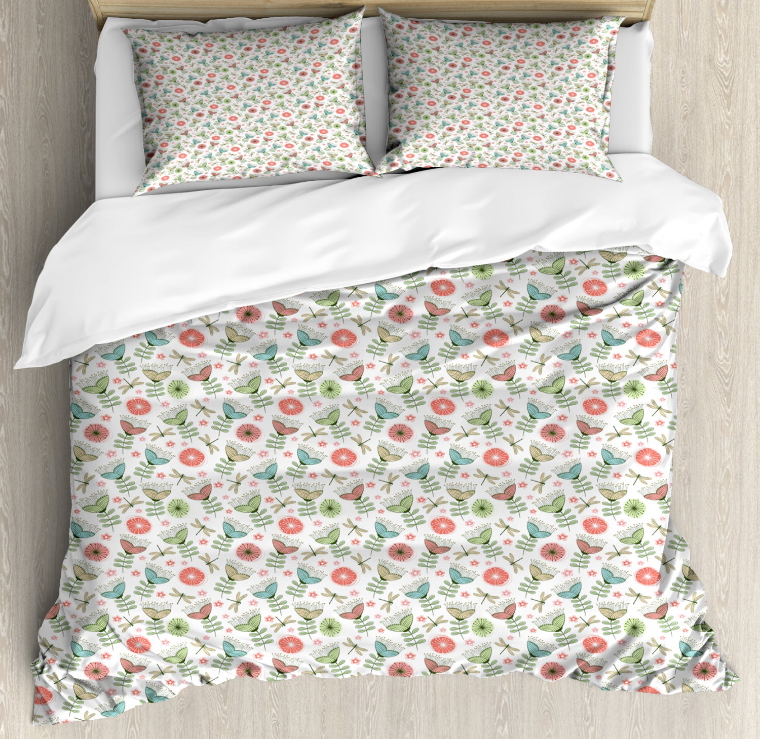 Floral Queen Size Duvet Cover Set, HandDrawn Doodle Art with Floral Elements Such as Flowers