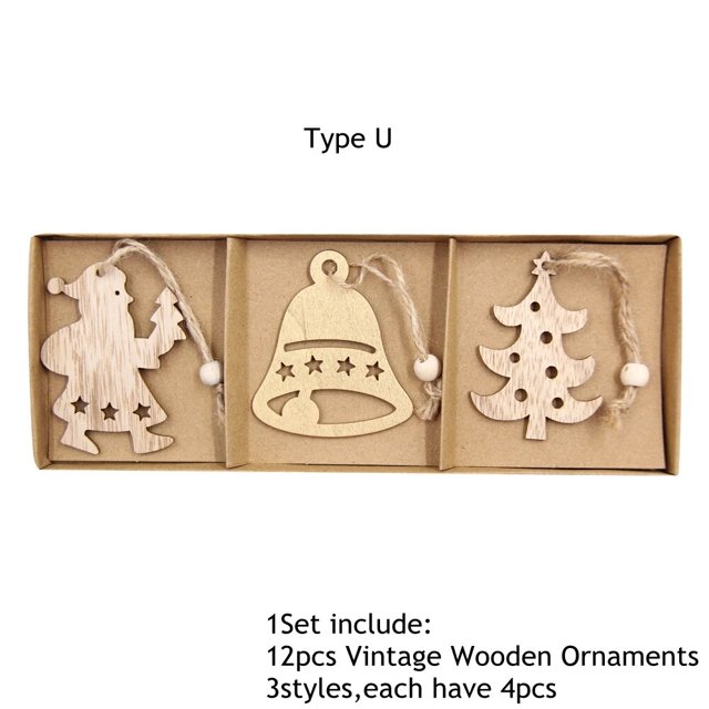 Adornos colgantes de madera para Navidad, decoraciones de fiesta de Navidad, adornos de árbol de navidad, regalos colgantes, 12 unids/lote por caja