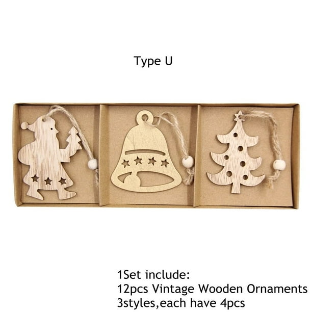 Adornos colgantes de madera para Navidad, decoraciones de fiesta de Navidad, adornos de árbol de navidad, regalos colgantes, 12 unids/lote por caja