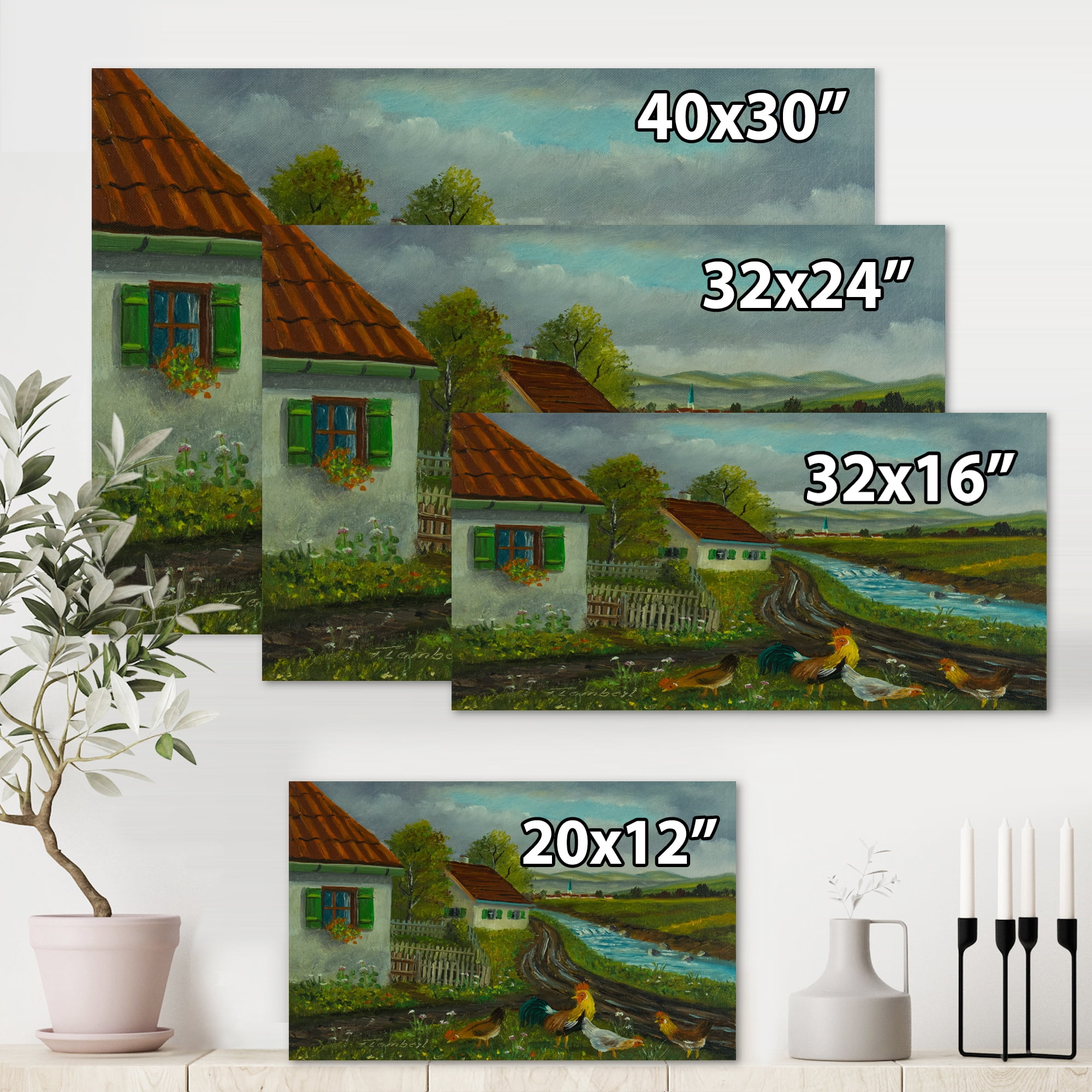 Designart ' A Cock and Three Chickens In A Meadow With Flowers ' Farmhouse Canvas Wall Art Print
