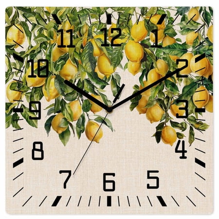 Summer Lemon Wooden Wall Clock Silent Non Ticking, Green Botancial Summer Yellow Fruits Rustic Square Wall Clocks Battery Operated, Decor Clock for Home Office, Living Room, Kitchen, 10 Inch