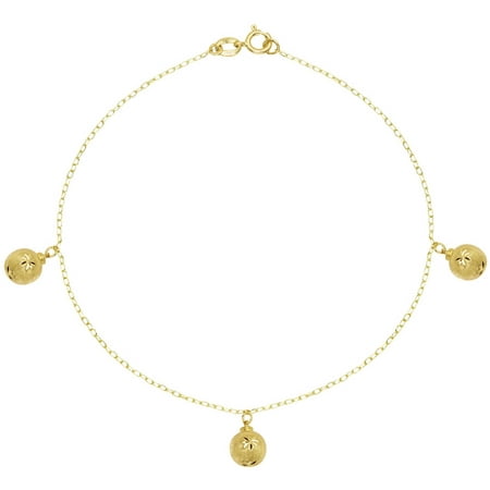 American Designs 14kt Yellow Gold Diamond-Cut Triple Ball/Bead Charm Dangle Bracelet 7.5 Chain