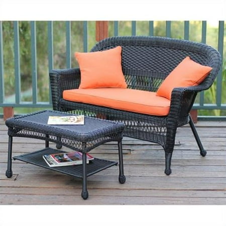 Jeco Wicker Patio Love Seat and Coffee Table Set in Black with Orange Cushion
