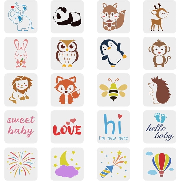 20 plantillas para baby shower de 15 x 15 cm con diseños de elefante, ciervo, conejo, mono y león. Plantillas reutilizables con fuegos artificiales, luna y palabras.