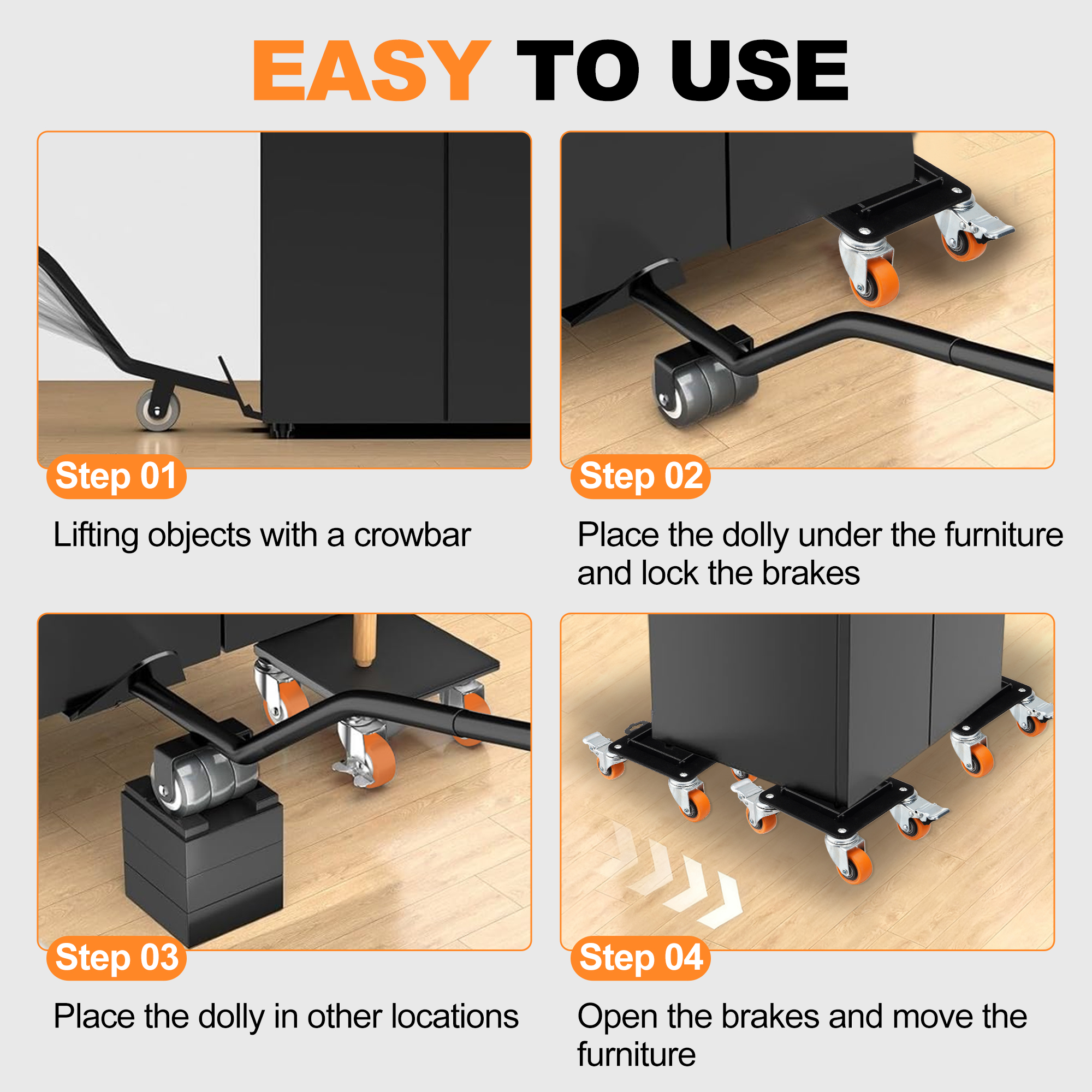 Furniture Movers with 4 Wheels, Carbon Steel Panel Heavy Duty Furniture Lift Mover Tool Set with 360°Rotatable Removable Side Guards Brake for Moving Sofa, Bed, Appliance (Load Capacity 2500LB