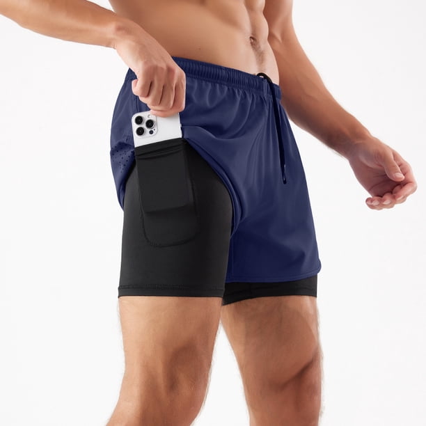 Pantalones cortos deportivos para hombre, para correr, maratón, atletismo, holgados, de tres puntos, de secado rápido, con forro, anti-running, de doble capa, para fitness