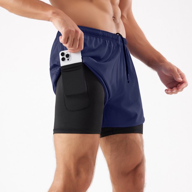 Pantalones cortos deportivos para hombre, para correr, maratón, atletismo, holgados, de tres puntos, de secado rápido, con forro, anti-running, de doble capa, para fitness