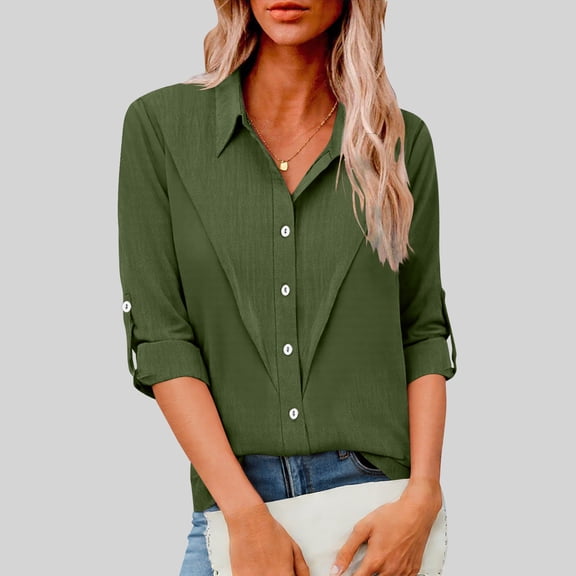 Linen Button Down Blouse for Women Rolled Sleeve V Neck Casual Officewear Loose Fit Solid Texture Breathable Fabric Summer Fall Business Work Shirt Tops