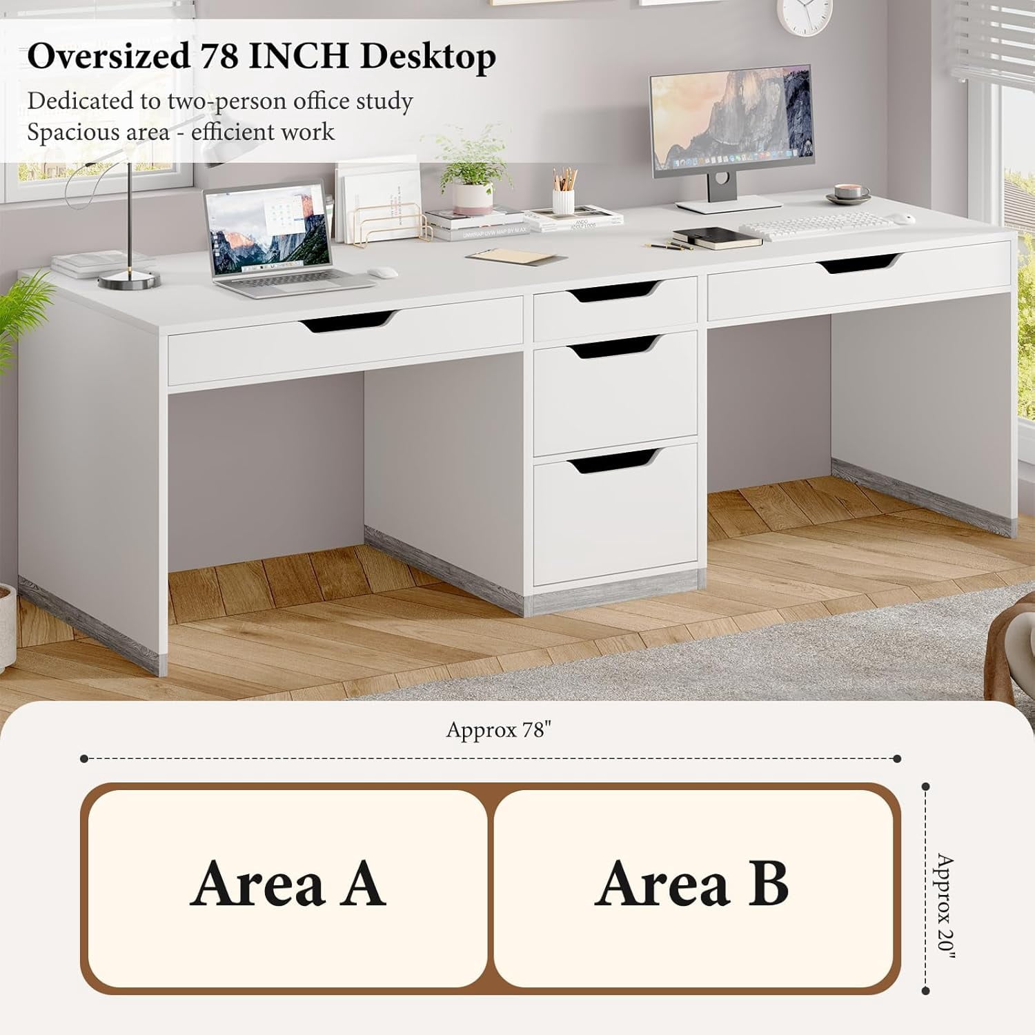DreamCurship 78 inch Two Person Desk, 2 Person Desk with 5 Drawers, Double Desk for Two People, Computer Desk for Home Office, white