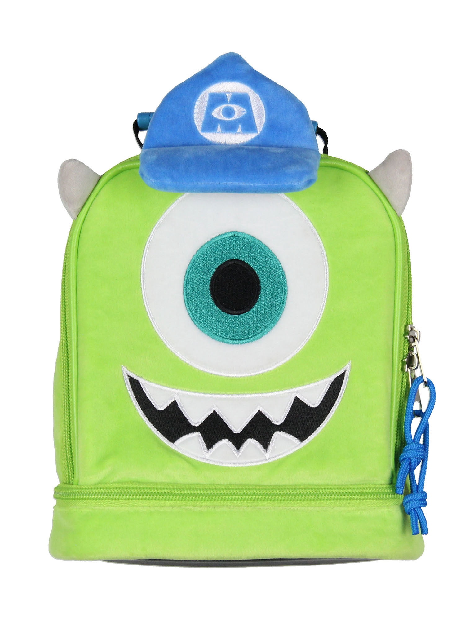 Disney Monsters Inc Lunch Box Mike Wazowski Plush Fuzzy Embroidered Face 3D Ears and Hat Insulated Lunch Bag Tote For Hot And Cold Food 9"