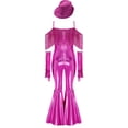 thumbnail image 4 of TiaoBug Kids Girls Off Shoulder Fringe Jumpsuit Disco Outfit for Retro Themed 70s Party & Stage Performance Hot Pink 14, 4 of 7