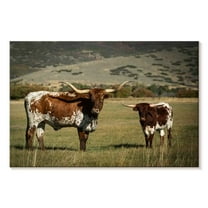 Elephant Stock Texas Longhorn And Its Calf Wall Art - Horizontal Canvas Wall Art - Living Room Wall Decor - Animal Canvas - Gray And Brown Decor - 30" x 20"