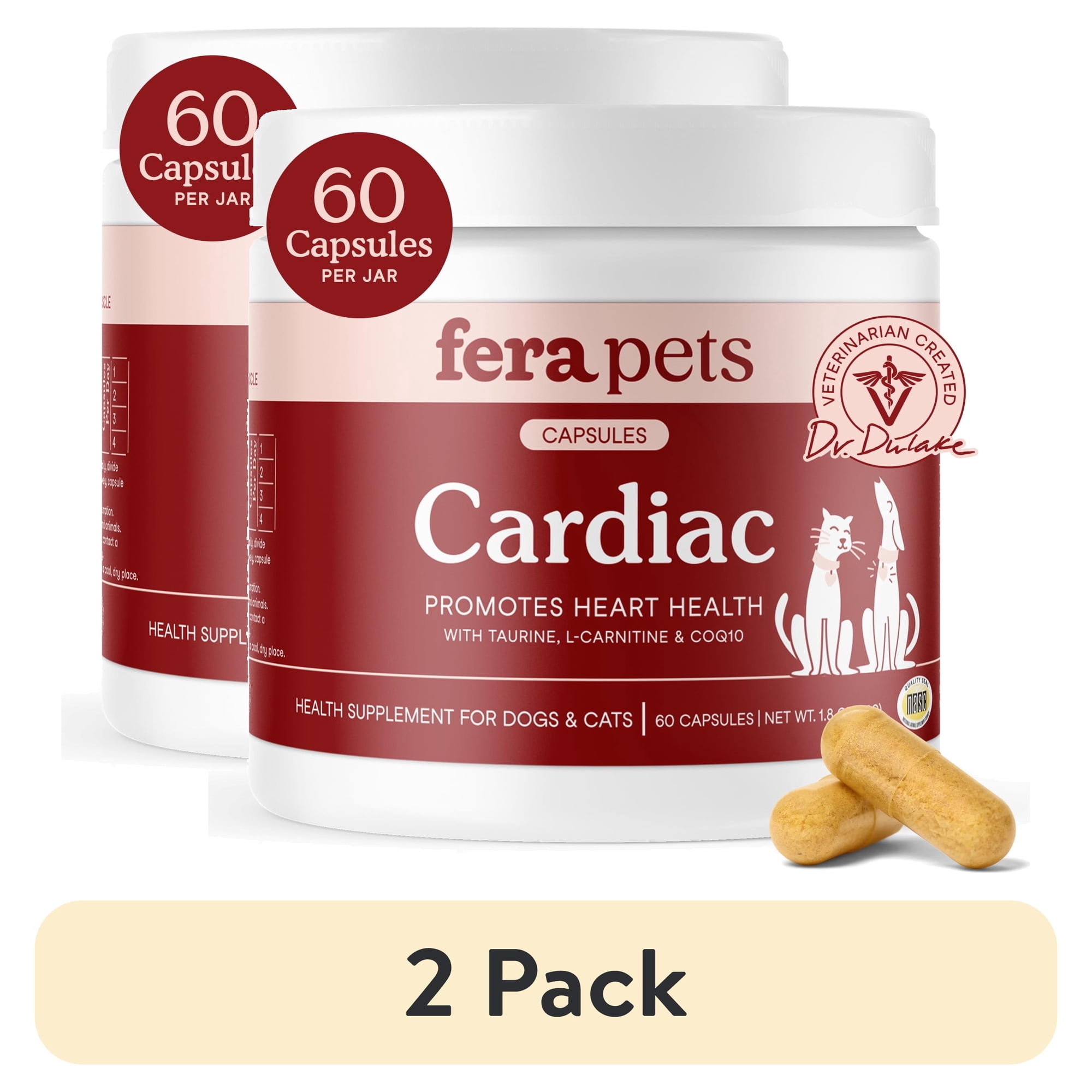 (2 pack) Fera Pets Cardiac Support - Cat & Dog Heart Supplement - With Taurine, L-Carnitine, & CoQ10 - 60 Capsules