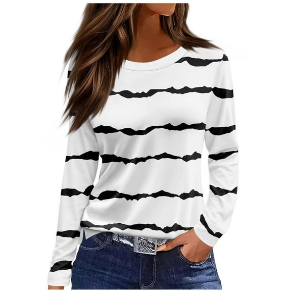 Sexlip Long Sleeve Shirts for Women Crew Neck Ladies Tops Loose Fit Tunic Print Tee White XL