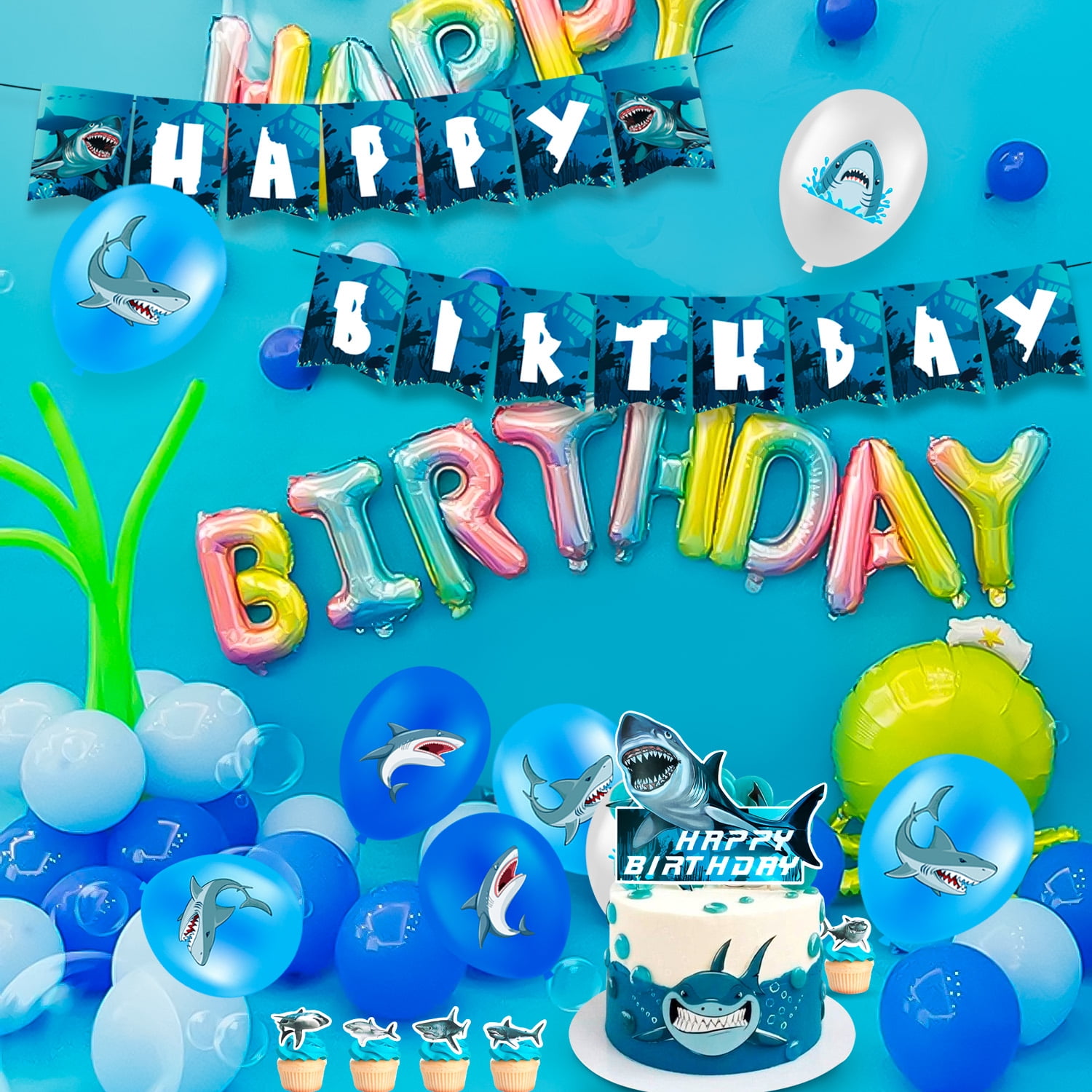 Shark Birthday Party Decorations,Shark Party Decorations & Shark Tableware Set- Shark Plate Cups Napkins & Shark Birthday Banner Balloons Cupcake Toppers etc Shark Birthday Party Supplies