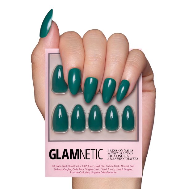 Uñas impress-On Glamnetic de color verde esmeralda, cortas, con forma de almendra