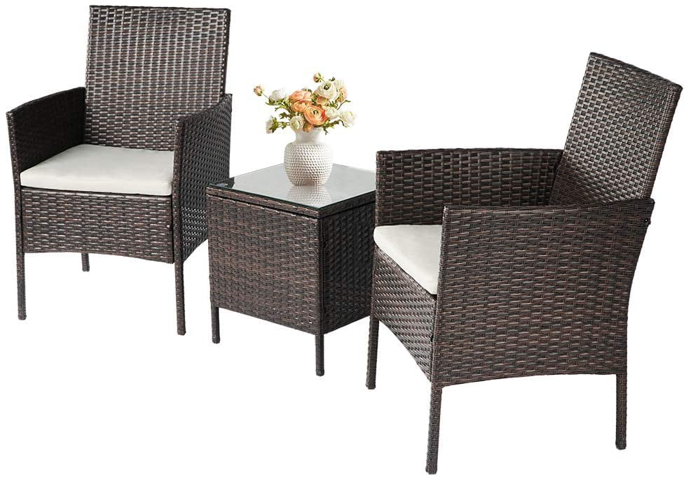 Navy Blue SOLAURA Outdoor 3-Piece Furniture Brown Wicker Bistro Set Conversation Chairs & Glass-top Coffee Table Set
