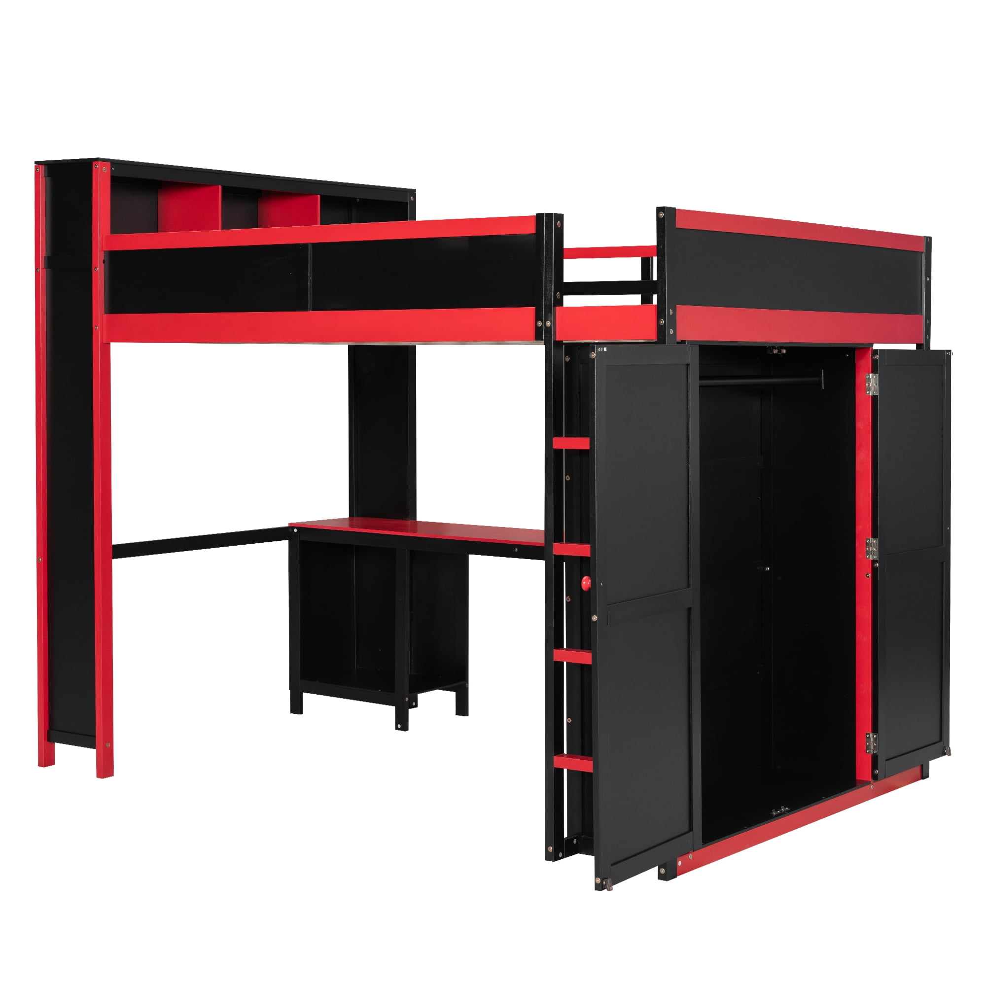 Euroco Wood Queen Size Loft Bed with Desk and Wardrobe, Gaming Bed with USB Ports,Black & Red