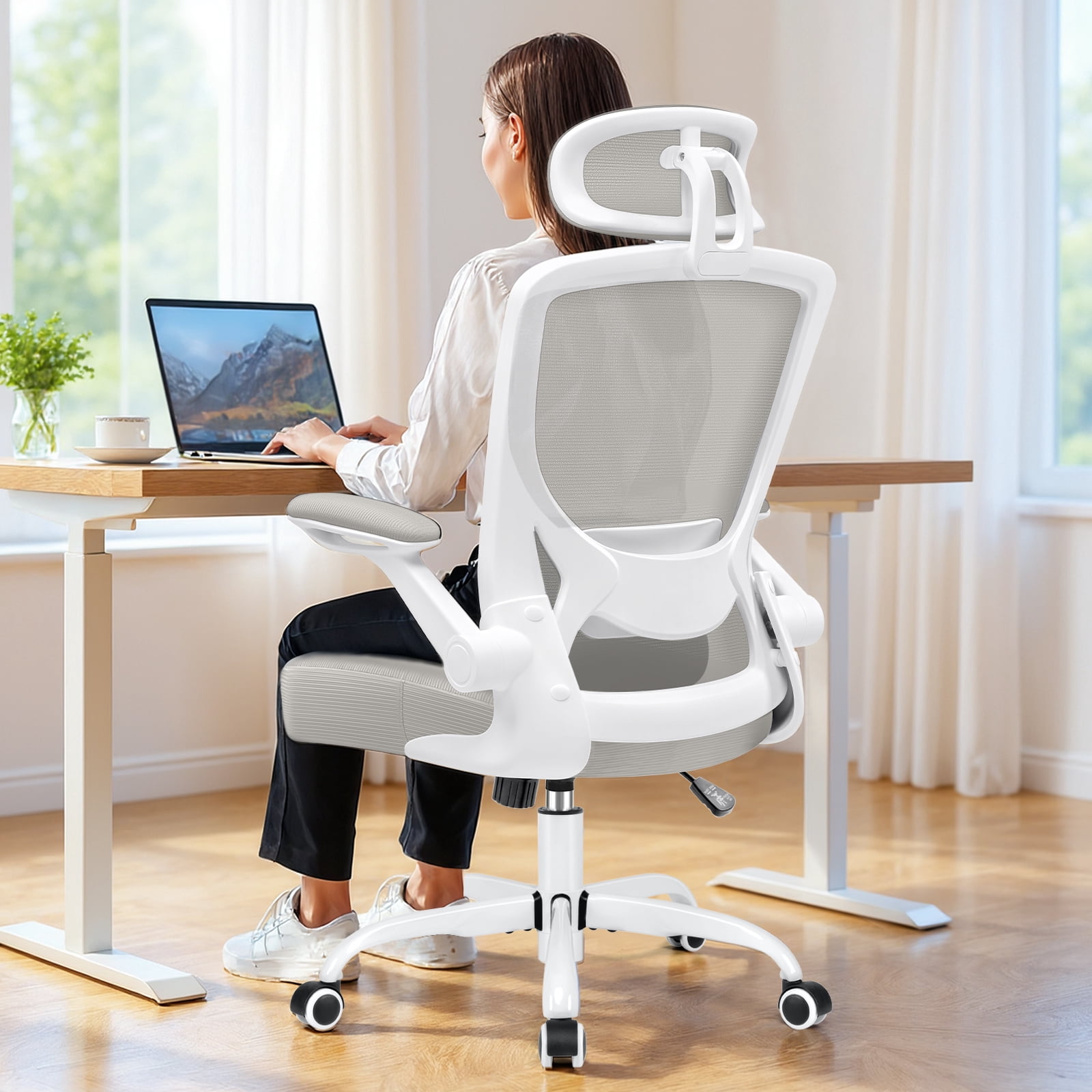COOLHUT Office Chair Ergonomic Desk Chair, High Back Office Chair with Headrest, Big and Tall Comfy Home Office Desk Chair Lumbar Support Breathable Mesh Office Chair, Light Gray