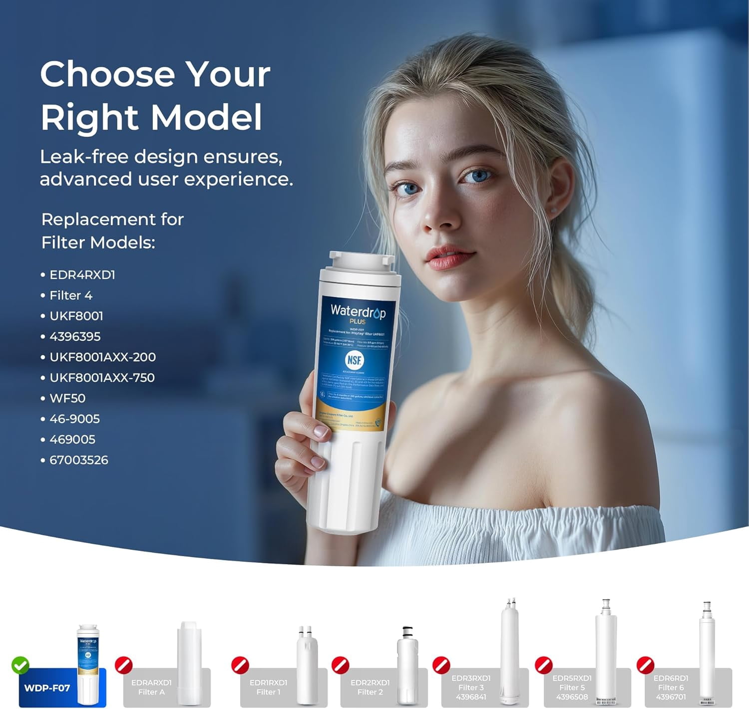 Waterdrop Plus UKF8001 NSF 401,53 Certified Refrigerator Water Filter, 𝐑𝐞𝐝𝐮𝐜𝐞 𝐏𝐅𝐀𝐒, Replacement for Whirlpool® Everydrop®, EDR4RXD1, (1)