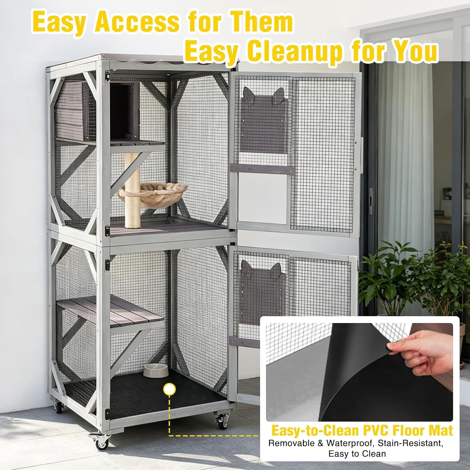 Aivituvin Catio Outdoor Cat Enclosure with Wheels, Outdoor Cat House with Weatherproof Roof, 3 Platforms, Large Window Catio Portable Cat Cage Indoor for 2-3 Cats, 23.4" D x 24.5" W x 62.8" H - Grey