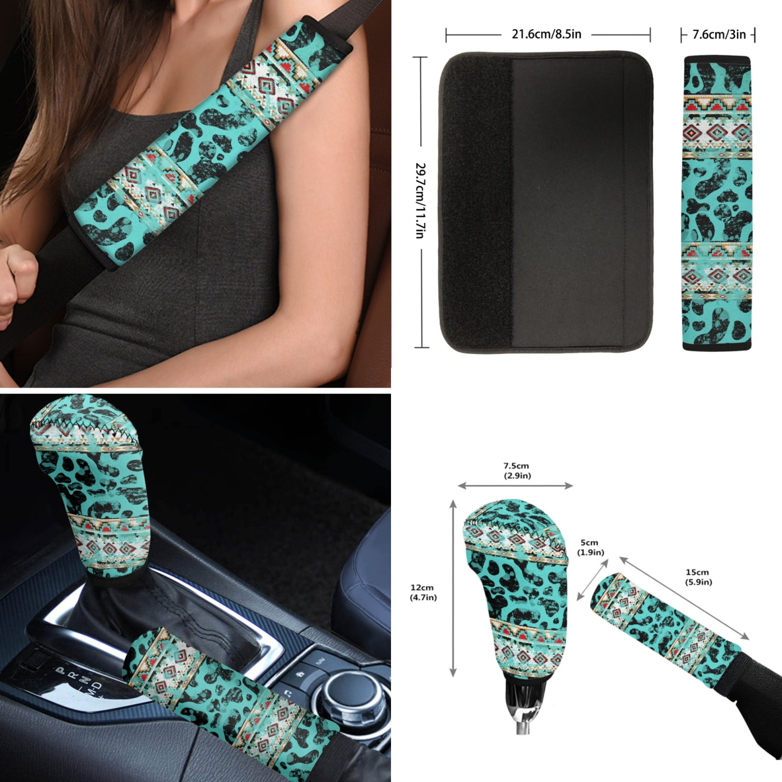 Renewold American Tribal Cow Print Teal Car Seat Covers for Women Men, with Steering Wheel Cover Seat Belt Pad Armrest Pad Handbrake Cover Gear Shift Cover Coaster Holder Car Accessories Set of 12