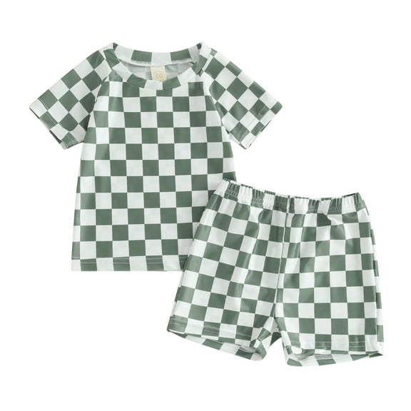 Bagilaanoe Toddler Baby Boys Swimsuits 2 Piece Bathing Suit Set Checkerboard Short Sleeve Tops Swim Shorts 6M 12M 18M 24M 3T 4T Kids Swimwear Beachwear