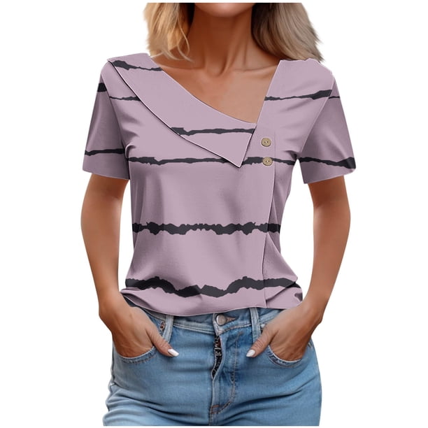 Tops de Algodón para Mujeres Cuello en V Casual de Manga Corta, Imitación Algodón Primavera Y Blusa de Verano