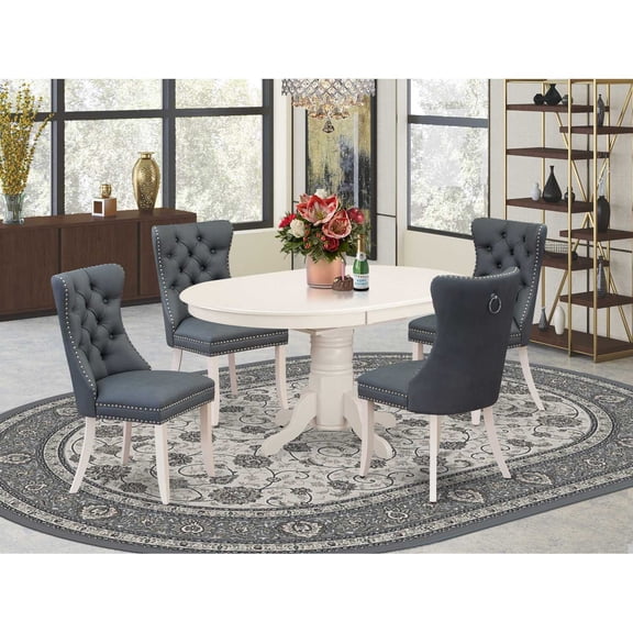 Modern 5 Piece Dinette Set - Oval Dining Table & 4 Linen White Chairs