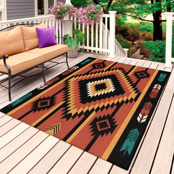 Aztec Southwest Outdoor Rug for Patio/Deck/Porch, Non-Slip Large Area Rug 5 x 8 Ft, Orange Black Boho Tribes Abstract Indoor Outdoor Rugs Washable Area Rugs, Reversible Camping Rug Carpet Runner