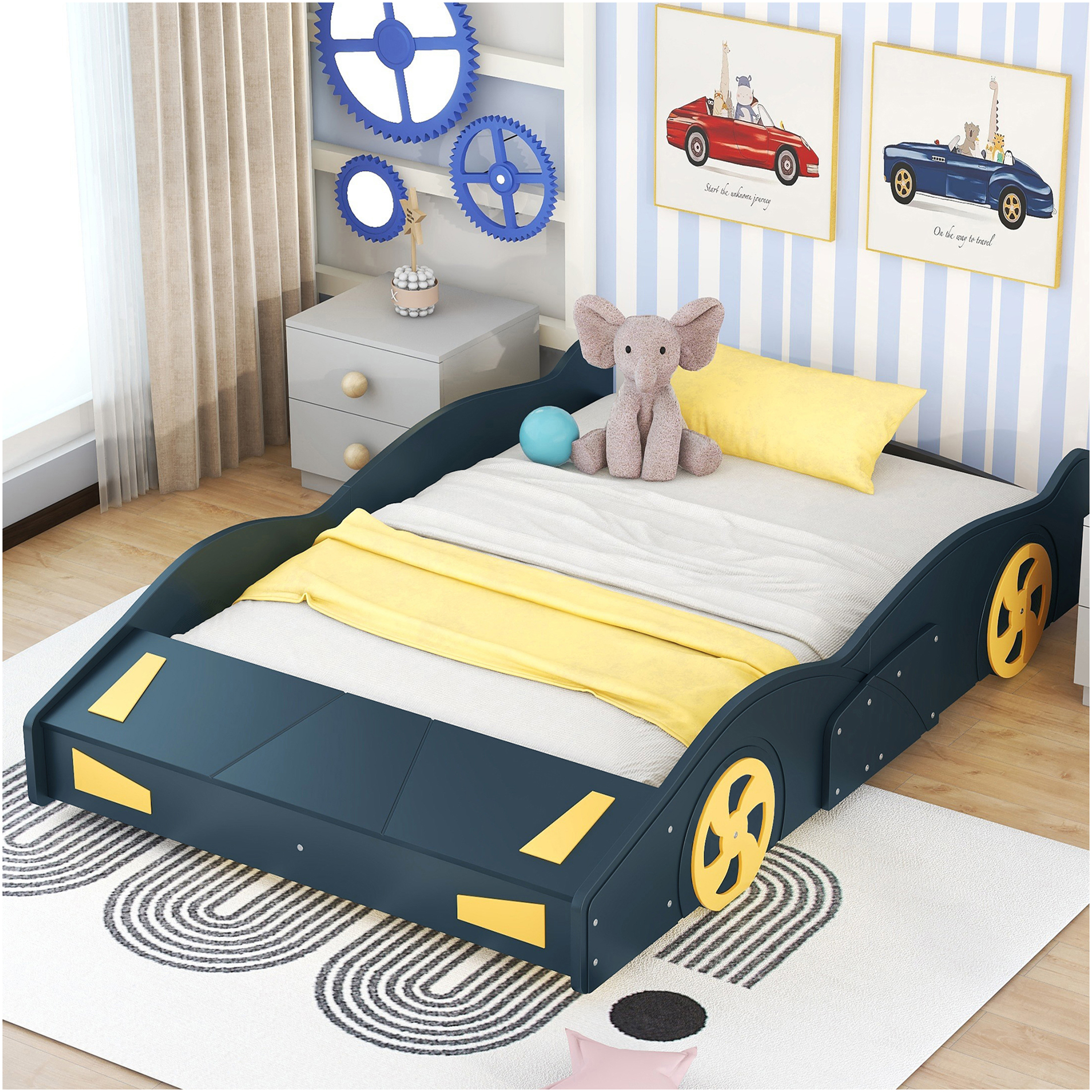 JERFIT Full Size Race Car Platform Bed with Storage, Dark Blue Wood Bed Frame with Wheels, No Box Spring Needed