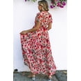 thumbnail image 3 of Robe Maxi à Manches Courtes à Col en V à Volants Imprimé Floral Rouge pour Femmes, 3 of 9
