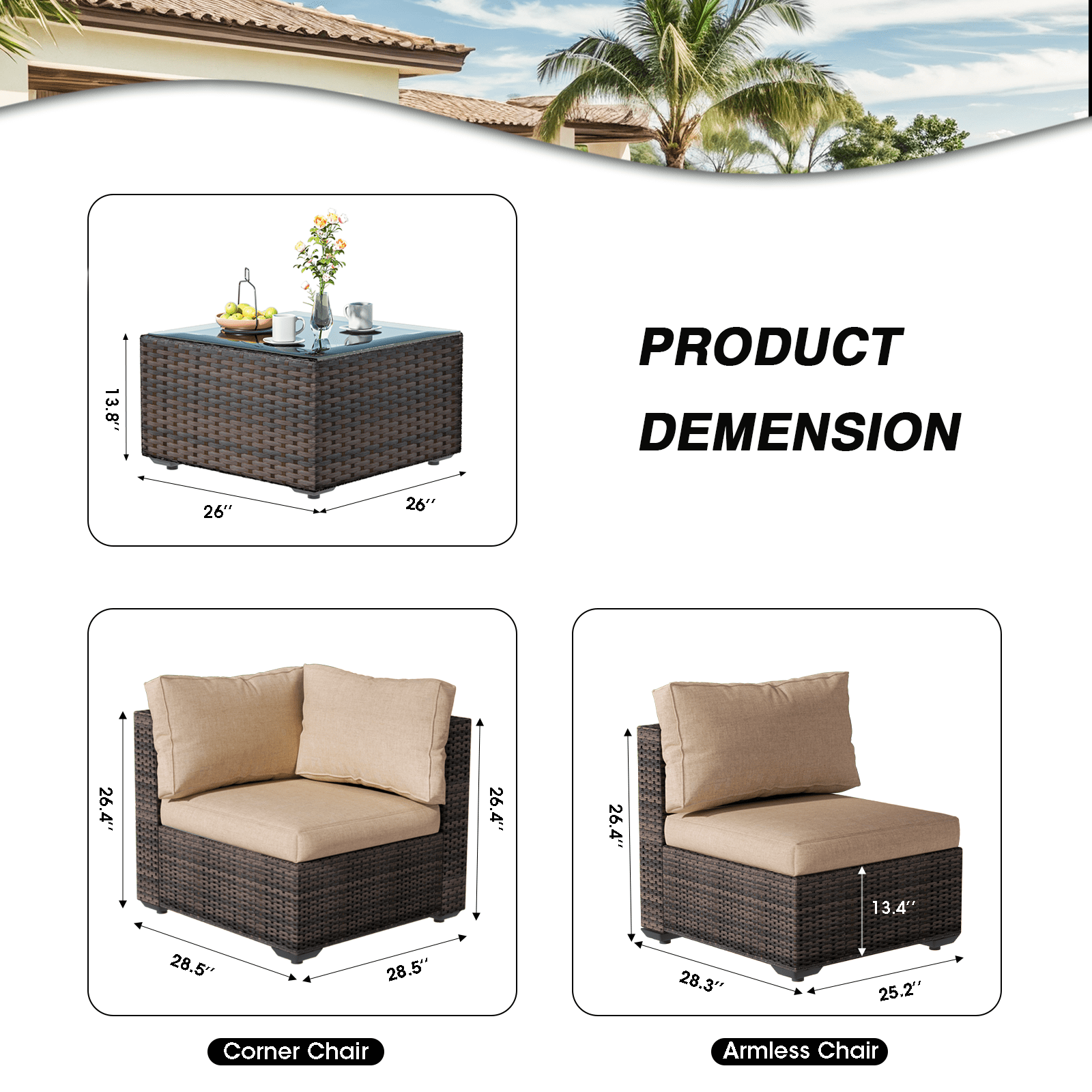 Gaildon 5 Piece Patio Furniture Set with Glass Table, All Weather Outdoor Sectional PE Rattan, Patio Conversation Sets with Cushions for Garden Lawn Balcony Porch Deck, Beige