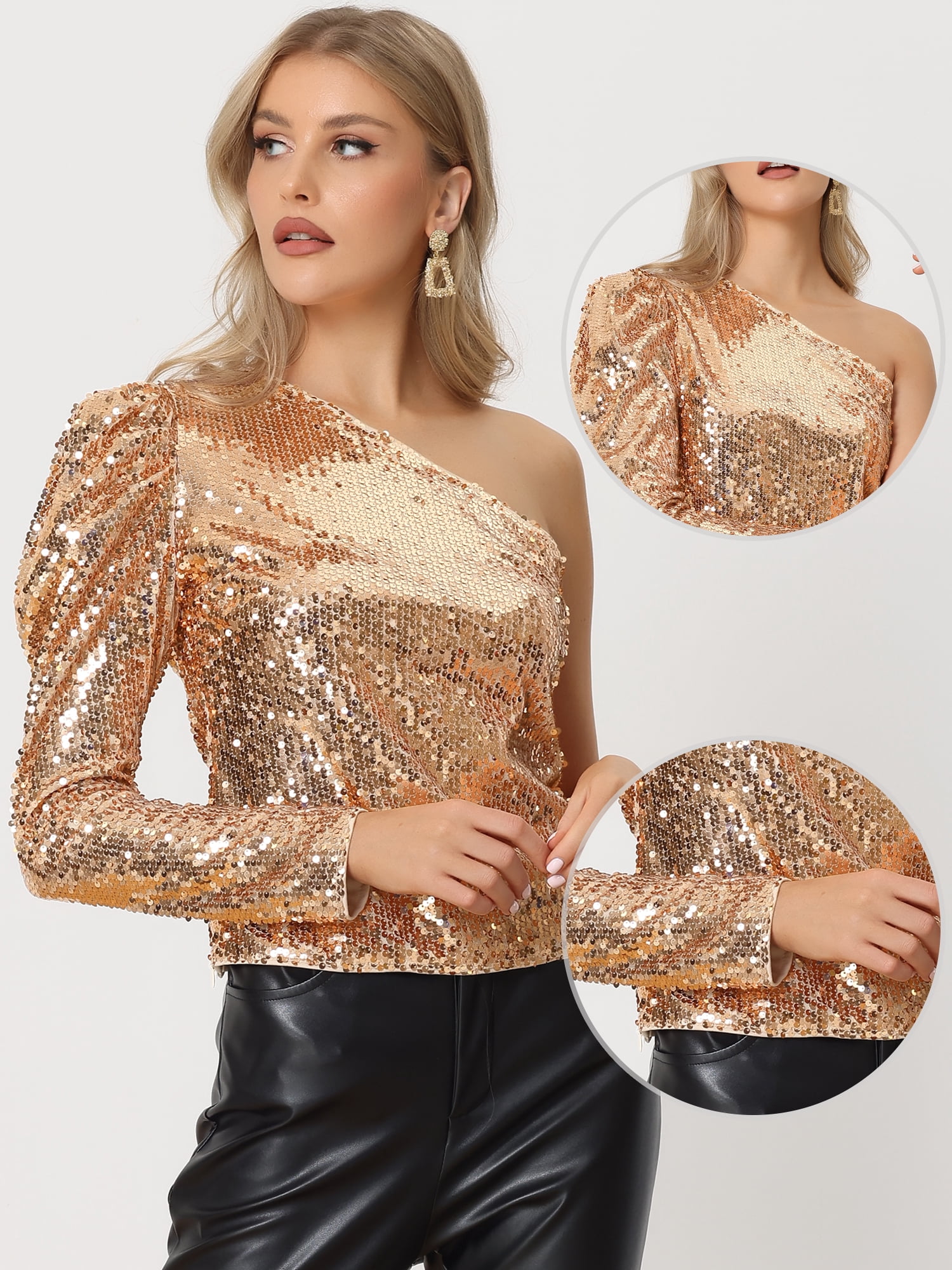 DARING DIVA Women's One Shoulder Puff Long Sleeve Shimmer Tops M Champagne Gold