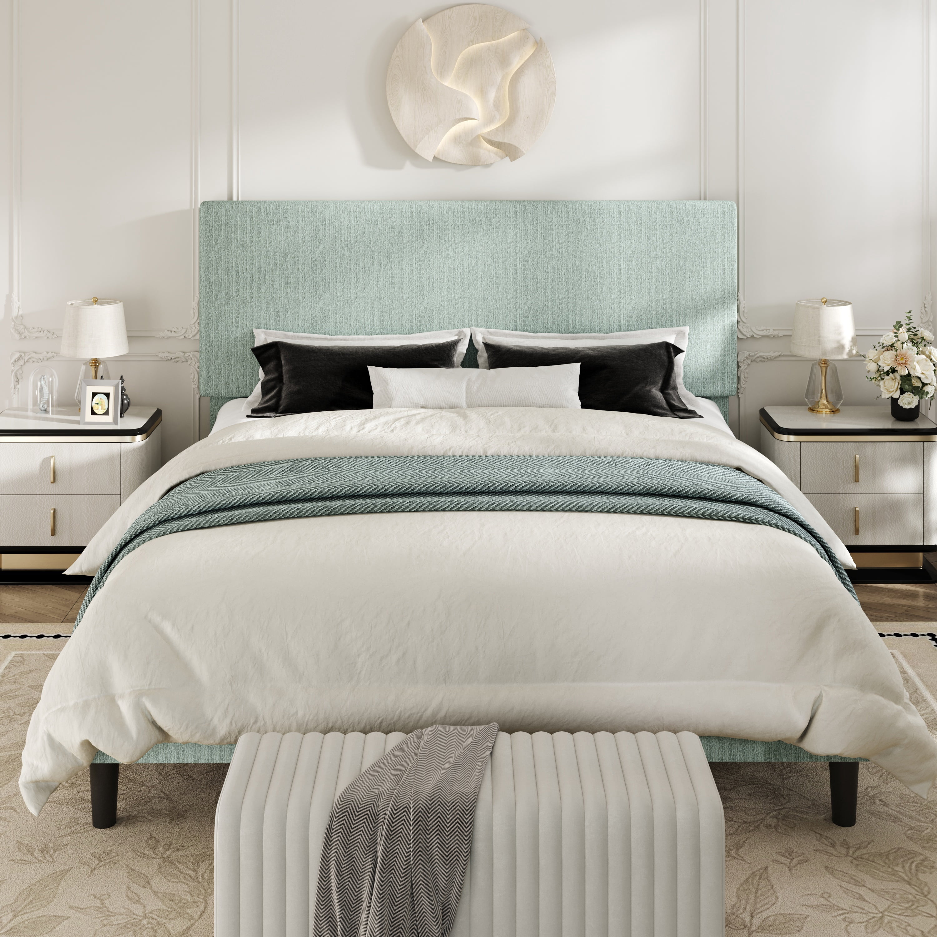 Amolife King Bed Frame, Platform Bed Frame with Upholstered Adjustable Headboard, Ice Blue, Nubby Fabric