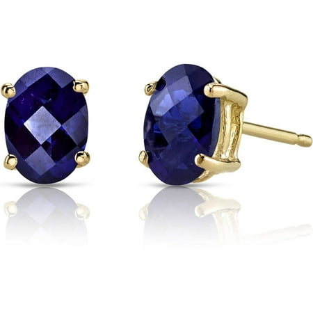 Oravo 2.00 Carat T.G.W. Oval-Shape Created Blue Sapphire 14kt Yellow Gold Stud Earrings