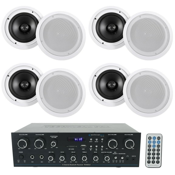Technical Pro RX400X4 Bluetooth Home Receiver Amp (8) 8" White Ceiling Speakers
