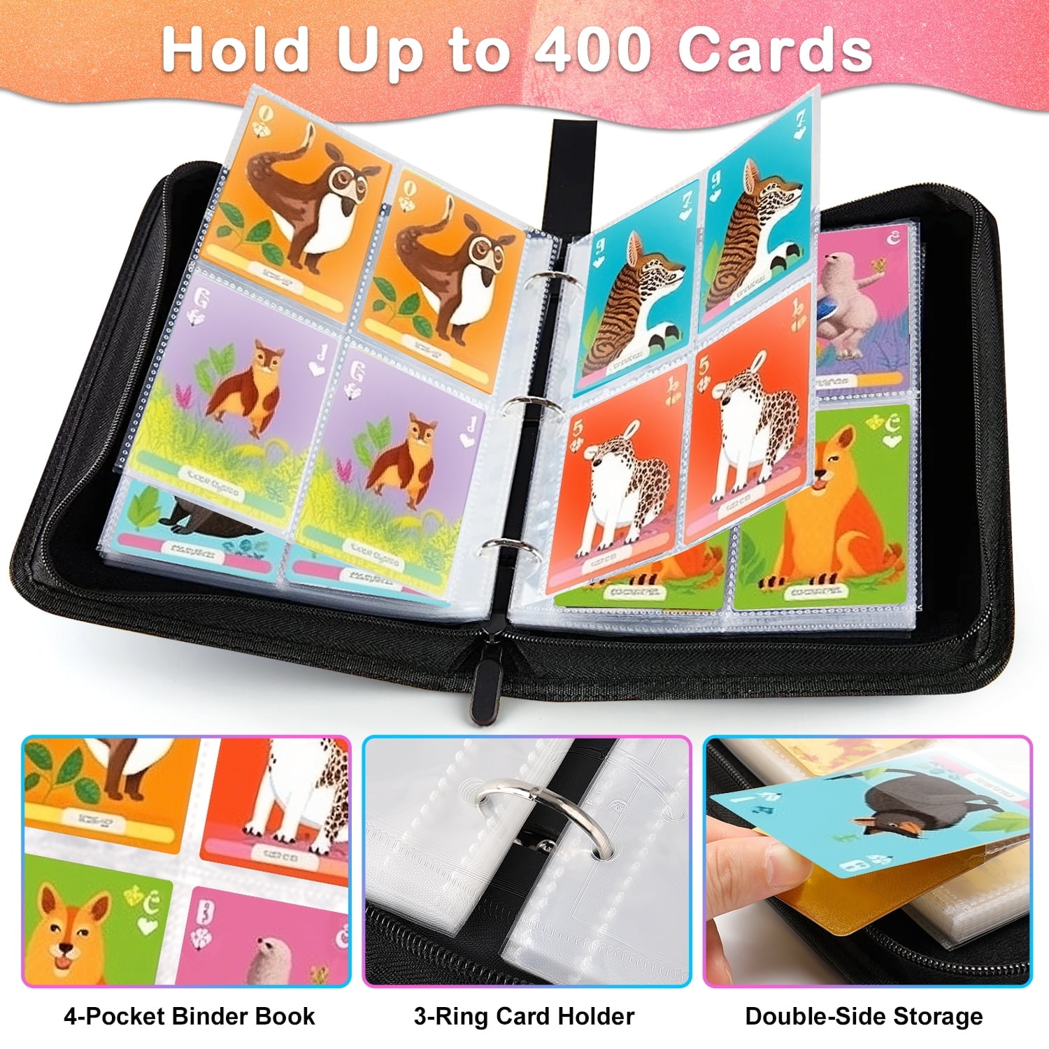 Trading Card Binder, 4-Pocket Album Book Holder for TCG Game, Fits 400 Cards