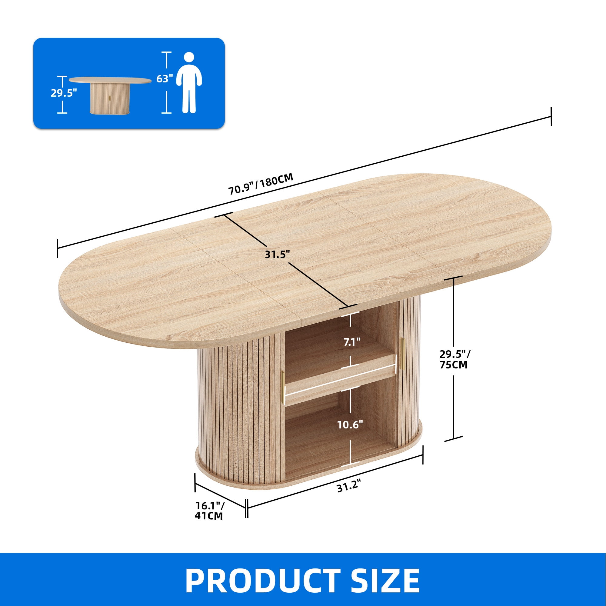 Uforic Oval Dining Table for 6-8 People, 70.9" Modern Kitchen Table with Fluted Base and Storage, Oak