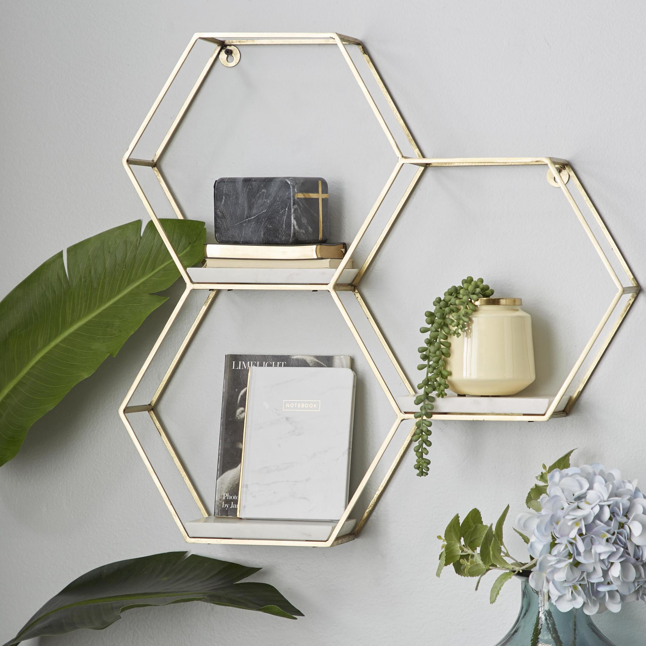 DecMode 24" x 6" Hexagon 3-Tier Gold Geometric Wall Shelf with 3 Marble Shelves