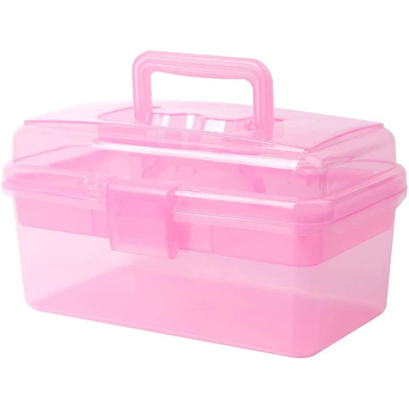 Multipurpose Plastic Storage Container Organizer Box Case with Removable Tray and Handle for Art, Craft, Sewing Supplies, Clear&Pink